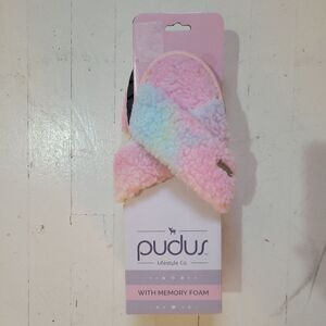 Pudus Carlie Criss Cross Pink and Blue Fuzzy Slippers w Memory Foam